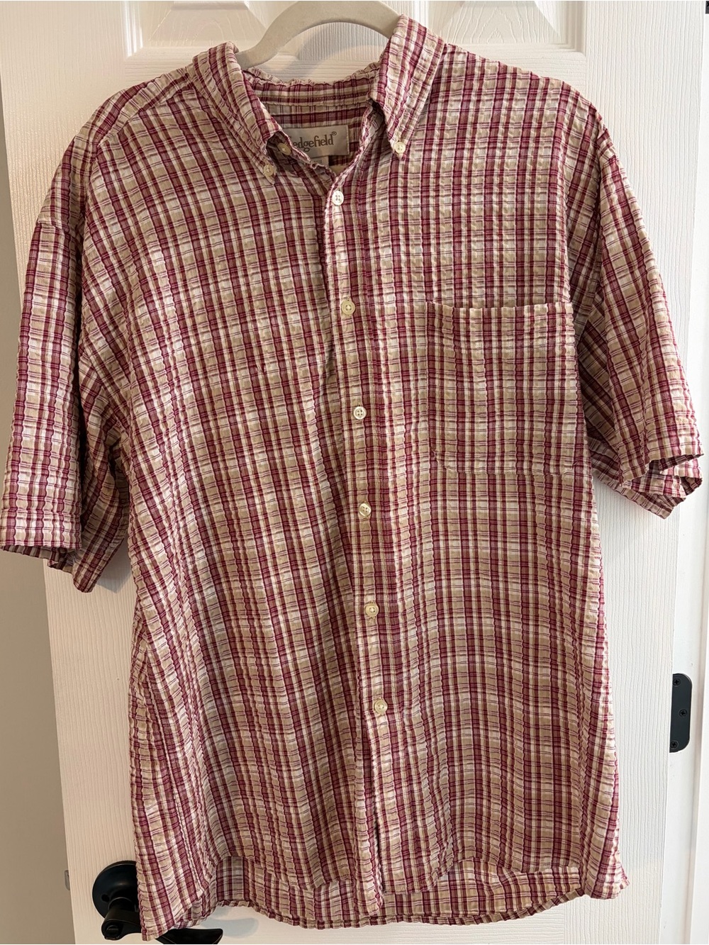Vintage Sedgefield Men's Seersucker Short-Sleeve Plaid Shirt - Burgundy/White